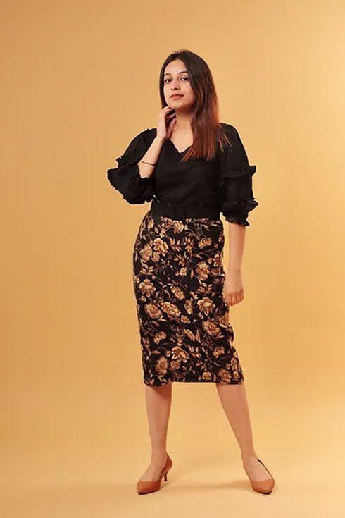 Black An Gold Print Skirt With Top